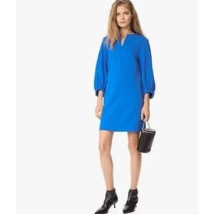 Tibi Womens Crepe Mini Shift Dress 6 Blue 3/4 Sleeve V Neck Workwear Cocktail